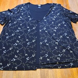 Studio 1940 Women 3XL Black White Leaf Floral Short Sleeve Layered Look Blouse